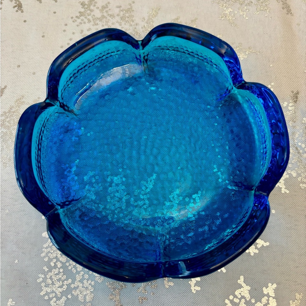 Vintage MCM Vibrant Blue Lotus Glass Ashtray/Trinket Dish